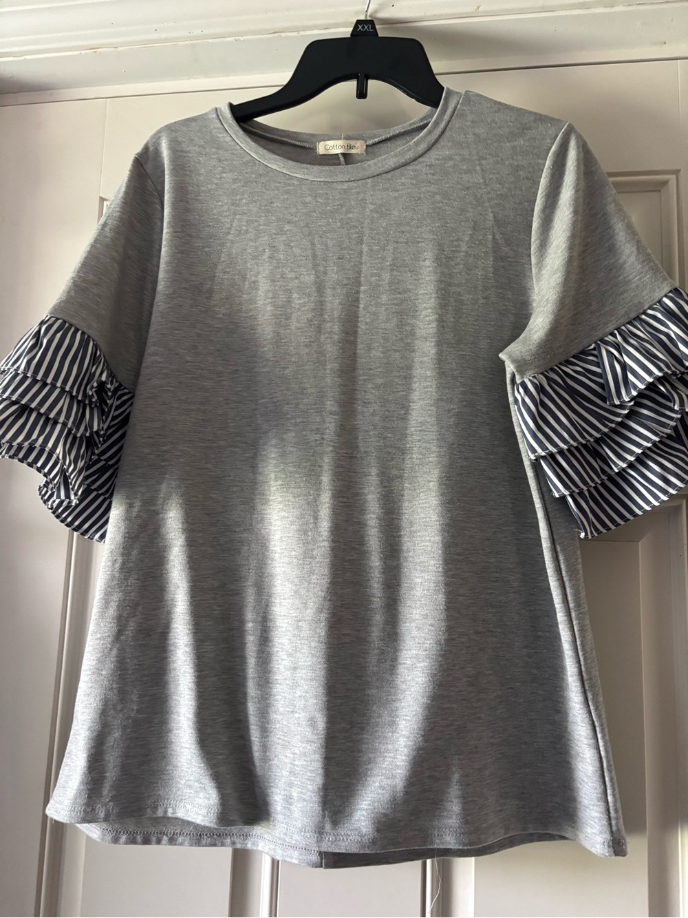 Cotton chic Heather Gray Short Sleeve Tee with Navy & White Striped Ruffle Cuffs